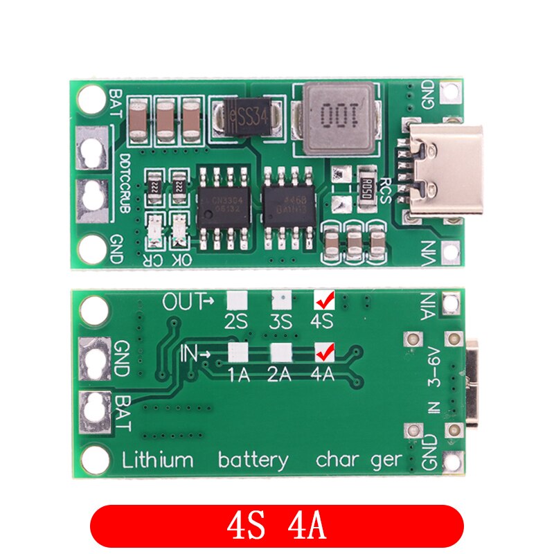 4S Type C 16.8V Step-Up Boost LiPo Polymer Li-ion Charger 14.8Vdc 18650 Lithium Battery - the front and back of the green circuit board with a USB-C port, battery terminals, and solder pads.