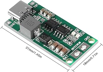 4S Type C 16.8V Step-Up Boost LiPo Polymer Li-ion Charger 14.8Vdc 18650 Lithium Battery - a green circuit board with a USB-C port, a power inductor, two ICs, and labeled battery terminals.