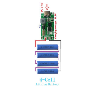 4S Type C 16.8V Step-Up Boost LiPo Polymer Li-ion Charger 14.8Vdc 18650 Lithium Battery - a green circuit board with a USB-C port connected to four blue 18650 lithium batteries via red and black wires.