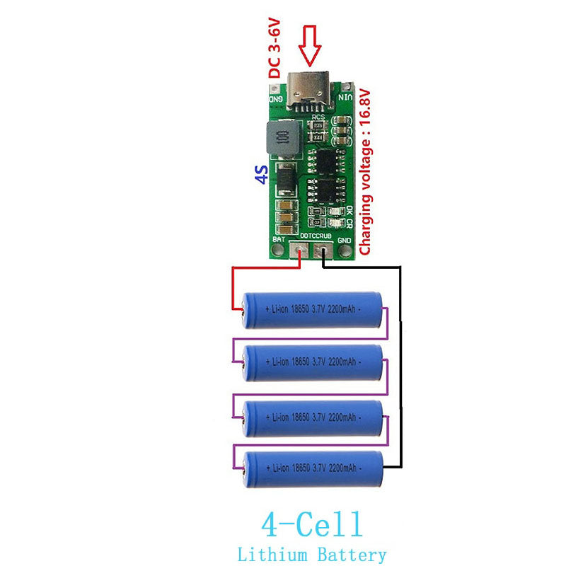 4S Type C 16.8V Step-Up Boost LiPo Polymer Li-ion Charger 14.8Vdc 18650 Lithium Battery - a green circuit board with a USB-C port connected to four blue 18650 lithium batteries via red and black wires.