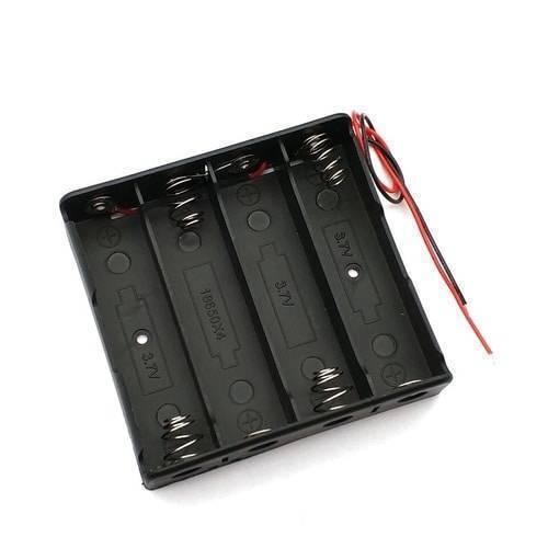 4x 18650 Battery Cell Holder Storage Box Case - a black plastic four-slot battery holder with metal springs and red and black output wires.