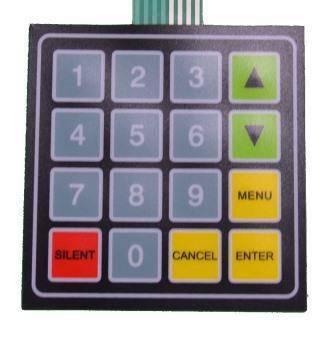 4x4 Arduino Keypad Matrix With Up Down Keys - a black rectangular membrane keypad with numeric, directional, menu, cancel, enter, and silent buttons.