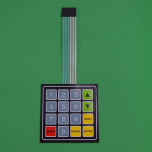 4x4 Arduino Keypad Matrix With Up Down Keys - a square black membrane keypad with numeric, directional, and function buttons and a ribbon cable.