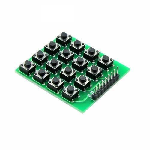 4x4 Matrix Keypad Module - a green printed circuit board with sixteen black tactile push buttons arranged in a grid and a single row of header pins.