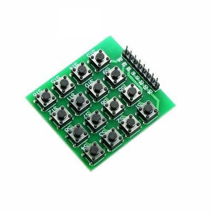 4x4 Matrix Keypad Module - a green circuit board with sixteen black tactile push buttons arranged in a grid and a row of eight output pins.