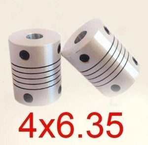 4x6.35mm Flexible Coupling Shaft - two silver cylindrical metal couplers with grooved bodies and black set screws on a plain background.