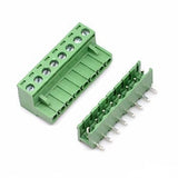 5.08 mm Pitch 8 Pin Right Angle PCB Mount Plug Able Terminal Block Connectors Bent Screw Terminal - show a green screw terminal block and a matching green pin header.