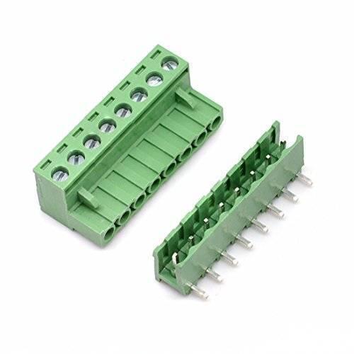 5.08 mm Pitch 8 Pin Right Angle PCB Mount Plug Able Terminal Block Connectors Bent Screw Terminal - show a green screw terminal block and a matching green pin header.