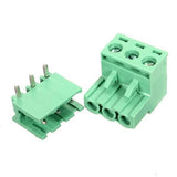 5.08mm Pitch 3 Pin Connector PCB Mount Right Angle Bent Screw Terminal - a green three-pin pluggable terminal block and its matching male header.