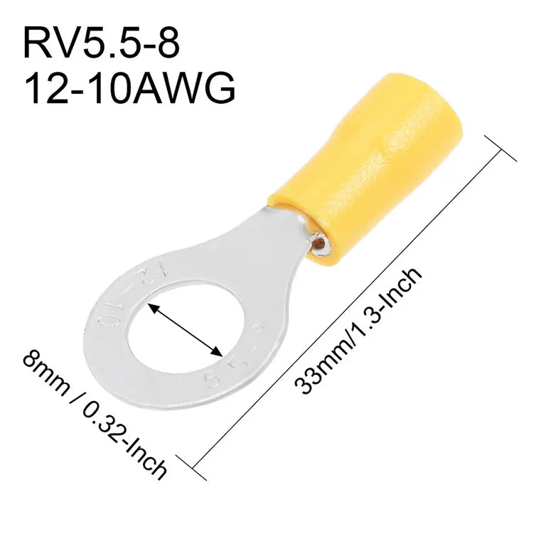 5.5-8mm Ring Terminal Insulated Crimp Cable Wire Connector - shown as a yellow-insulated ring terminal with dimension lines and labels for size and length.
