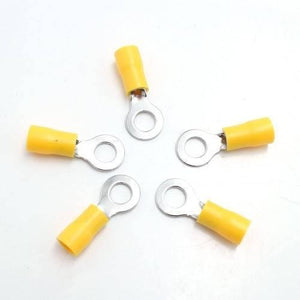 5.5-8mm Ring Terminal Insulated Crimp Cable Wire Connector - five yellow insulated ring terminals arranged in a circular pattern on a white surface.