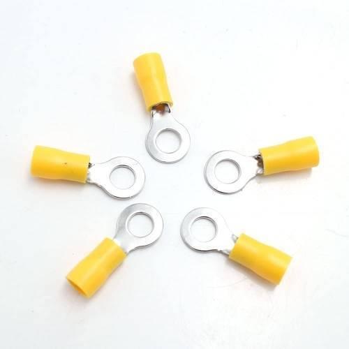 5.5-8mm Ring Terminal Insulated Crimp Cable Wire Connector - five yellow insulated ring terminals arranged in a circular pattern on a white surface.