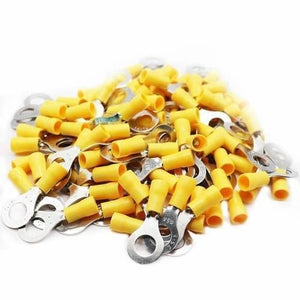 5.5-8mm Ring Terminal Insulated Crimp Cable Wire Connector - shown as a large pile of yellow insulated ring terminals with metal connectors.