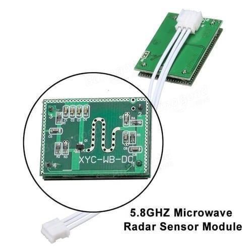 5.8GHz Microwave Radar Motion Sensor Module - the green circuit board with a white three-pin connector and a zoomed-in view of the board layout.