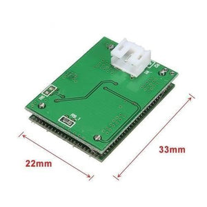 5.8GHz Microwave Radar Motion Sensor Module - a green rectangular circuit board with a white connector and dimension labels of 22mm by 33mm.