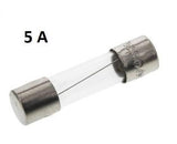 5 Amp 5mm x 20mm Cartridge Fuse - shown as a clear glass cylinder with silver metal end caps and a thin internal wire filament against a white background.