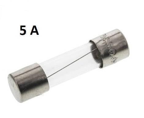 5 Amp 5mm x 20mm Cartridge Fuse - shown as a clear glass cylinder with silver metal end caps and a thin internal wire filament against a white background.