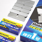5 Blades Mechanic FR1 High Toughness Carbon Steel Sharp Blade Set For Remove LCD Screen Frame Oca Glue Remove - a stack of five silver metal blades placed next to two blue and yellow product boxes.