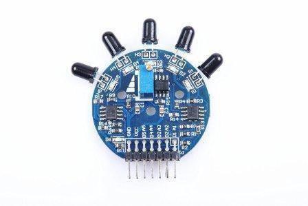 5 Channel Flame Sensor Module - a circular blue circuit board featuring five black infrared sensors, a blue potentiometer, and an eight-pin header connector.