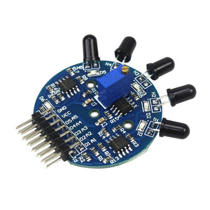 5 Channel Flame Sensor Module - a circular blue circuit board with five black flame sensors, a blue potentiometer, and a row of output pins.