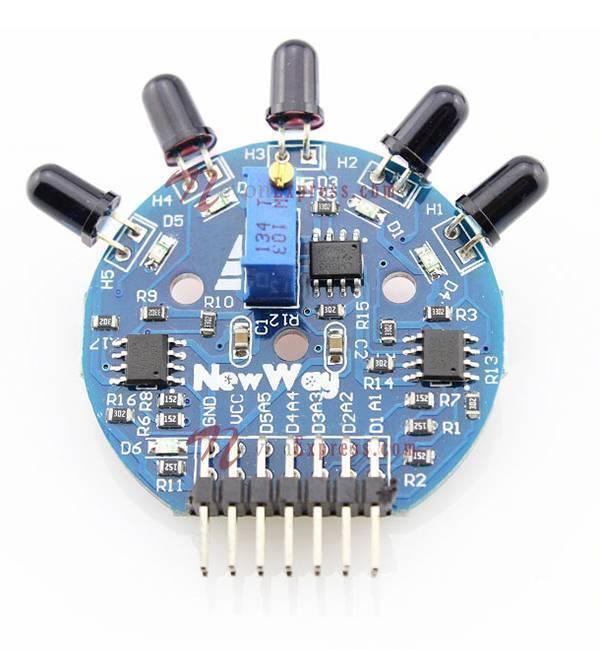 5 Channel Flame Sensor Module - a blue circular PCB with five black sensors, a blue potentiometer, two ICs, and an eight-pin header connector.
