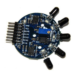 5 Channel Flame Sensor Module - a blue circular circuit board with five black infrared sensors, a blue potentiometer, and a side-mounted pin header.