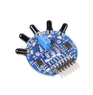 5 Channel Flame Sensor Module - a circular blue circuit board with five black flame sensors, a blue potentiometer, and a row of output pins.