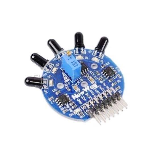 5 Channel Flame Sensor Module - a circular blue circuit board with five black flame sensors, a blue potentiometer, and a row of output pins.