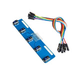 5 Channel TCRT5000 IR Array Tracking Sensor Module - a blue circuit board with five IR sensors and a multi-colored jumper wire set with female connectors.