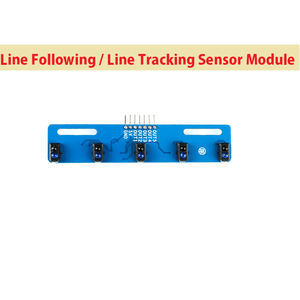 5 Channel TCRT5000 IR Array Tracking Sensor Module - a blue circuit board with five infrared sensors and seven connection pins labeled GND, 5V, and OUT1-5.