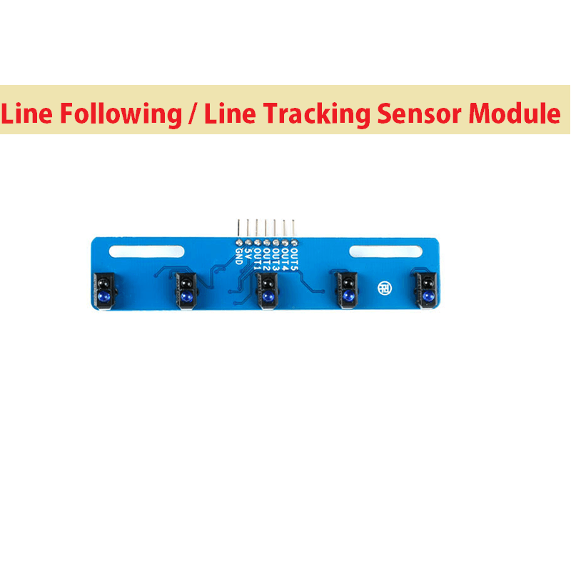 5 Channel TCRT5000 IR Array Tracking Sensor Module - a blue circuit board with five infrared sensors and seven connection pins labeled GND, 5V, and OUT1-5.
