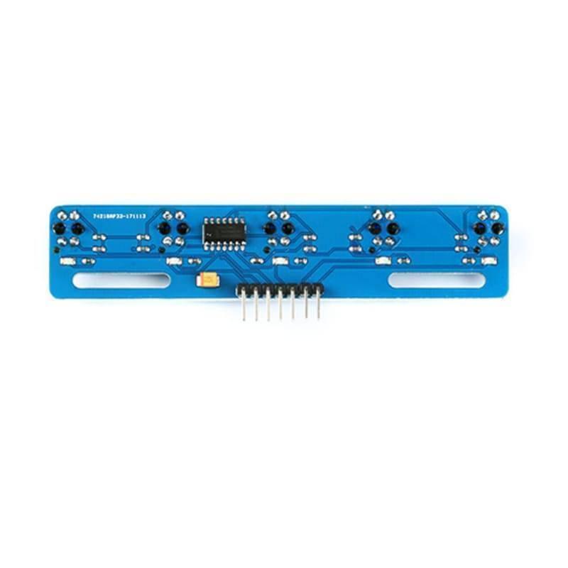5 Channel TCRT5000 IR Array Tracking Sensor Module - a blue rectangular circuit board with five infrared sensors and an eight-pin header connector.