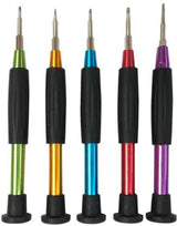 5 in 1 M8222 Precision Screwdriver Set Multi Color For Mobile Repair - five precision screwdrivers with black grips and green, gold, blue, red, purple.