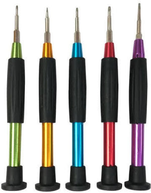 5 in 1 M8222 Precision Screwdriver Set Multi Color For Mobile Repair - five precision screwdrivers with black grips and green, gold, blue, red, purple.
