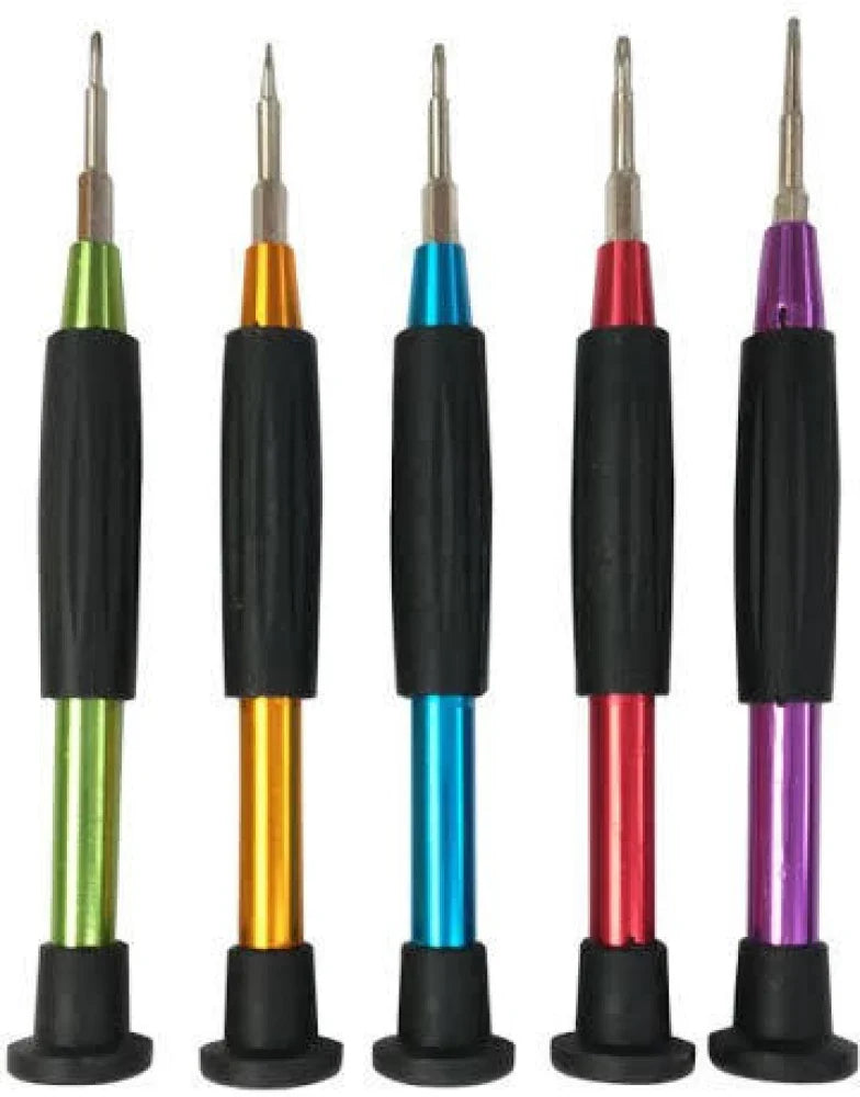 5 in 1 M8222 Precision Screwdriver Set Multi Color For Mobile Repair - five precision screwdrivers with black grips and green, gold, blue, red, purple.