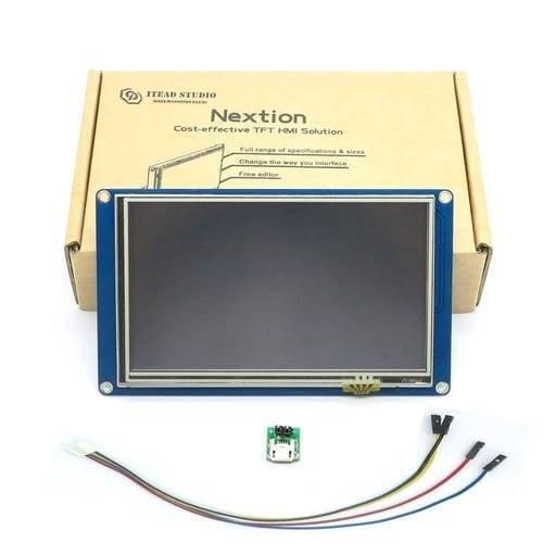 5 Inch LCD HMI TFT Intelligent Touch Display Module Nextion NX8048T050 - shown with its cardboard box, a small circuit board, and a multi-colored cable.