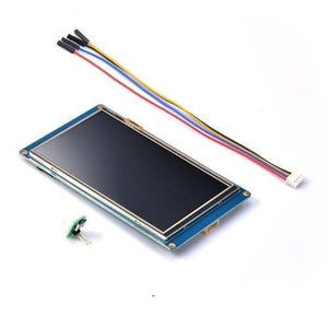 5 Inch LCD HMI TFT Intelligent Touch Display Module Nextion NX8048T050 - with a black screen, a small green circuit board, and a multi-colored ribbon cable.