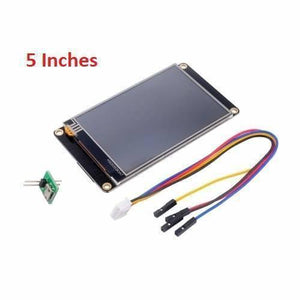 5 Inch Nextion TFT HMI LCD Touchscreen NX8048K050 - shown with a black rectangular display, a small green circuit board, and a multi-colored wire harness.