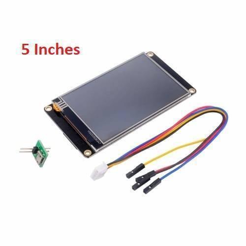 5 Inch Nextion TFT HMI LCD Touchscreen NX8048K050 - shown with a black rectangular display, a small green circuit board, and a multi-colored wire harness.