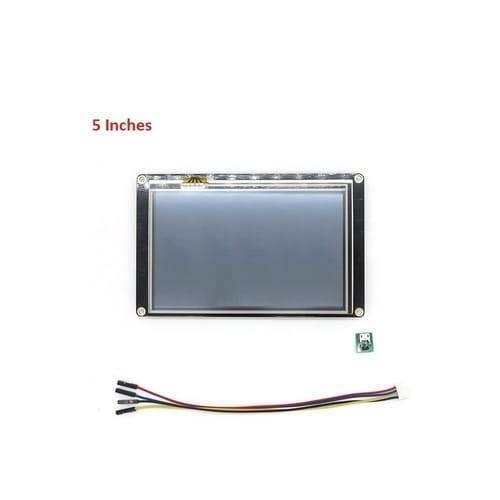 5 Inch Nextion TFT HMI LCD Touchscreen NX8048K050 - shown with a black rectangular display, a small green circuit board, and a multi-colored ribbon cable.