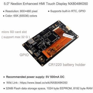 5 Inch Nextion TFT HMI LCD Touchscreen NX8048K050 - the black circuit board back with a micro SD slot, GPIO pins, and a CR1220 battery holder.