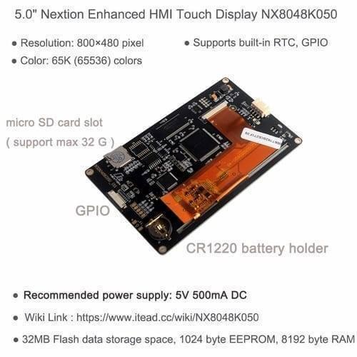 5 Inch Nextion TFT HMI LCD Touchscreen NX8048K050 - the black circuit board back with a micro SD slot, GPIO pins, and a CR1220 battery holder.