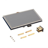 5 Inch Touch Screen HDMI LCD - shown with a black circuit board, a grey display, an HDMI adapter, four brass standoffs, and four small nuts.