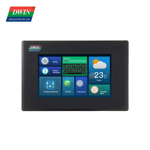 5 Inch With Enclosure HMI Display DMG80480C050 15WTR Commercial Grade - a black rectangular screen displaying a digital interface with icons and text.