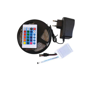 5 Meter 12V RGB LED Light Strip Set - a coiled LED strip, a remote control with color buttons, a white controller box, and a black power adapter.