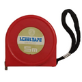 5 Meter 16 Feet Steel Measuring Tape - a round red tape measure with a black wrist strap, showing a label with the text SCEELTAPE and 5m.