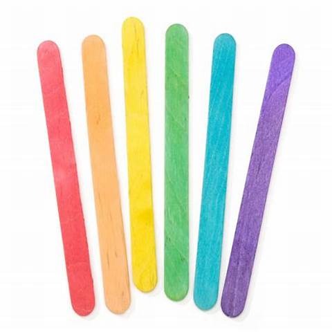 5 pcs 115MMX10MM Multi colour Ice Stick - six flat, rectangular wooden craft sticks in red, orange, yellow, green, blue, and purple.