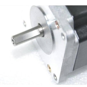 5 Phase 0.75A Oriental Vexta Stepper Motor 0.72 Degree Step PMM33AH2C39 - a close-up view of the silver metal shaft and the square mounting face of the black motor.