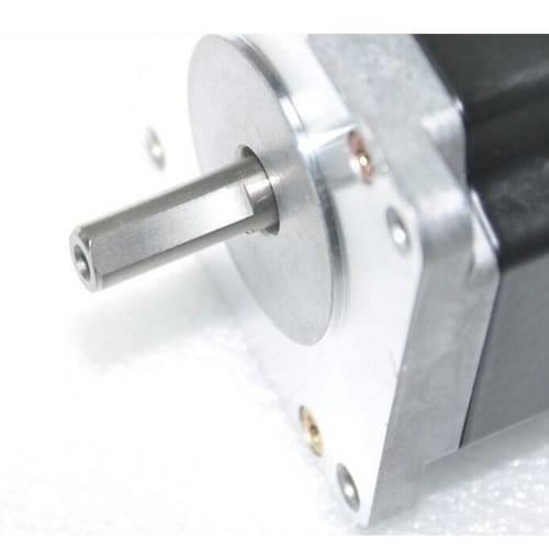 5 Phase 0.75A Oriental Vexta Stepper Motor 0.72 Degree Step PMM33AH2C39 - a close-up view of the silver metal shaft and the square mounting face of the black motor.