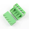 5 Pin Connector PCB Mount Right Angle, Bent Screw Terminal Connector - shown as a pair of green plastic components with five screw terminals and pins.